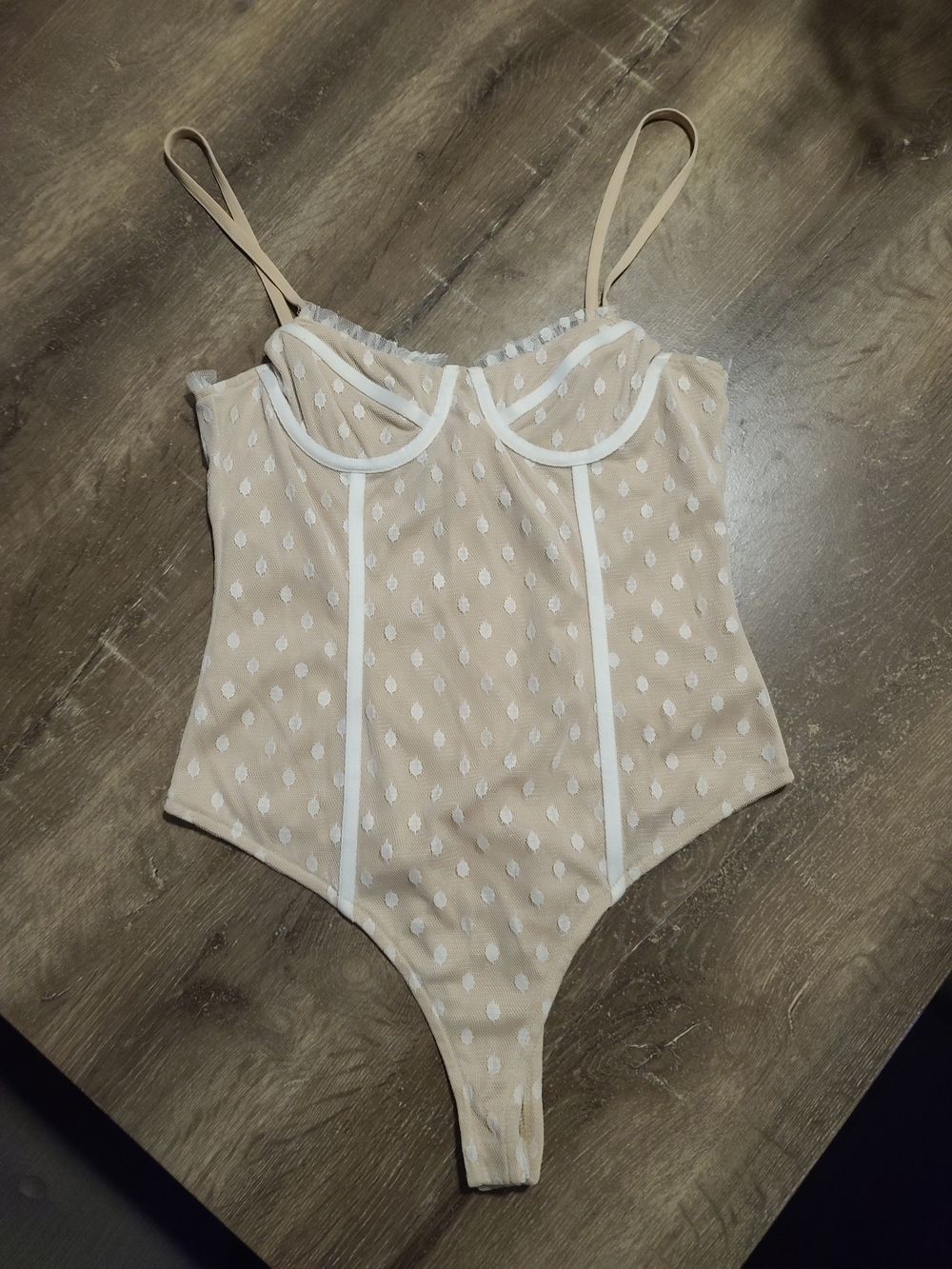 Beige Dot Mesh Bodysuit with White Trim
